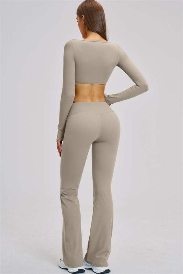 The Zestful Long Sleeve Crop Top Flared Leggings 2-Piece Set
