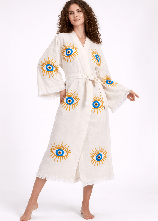 Evil Eye Hand Printed Kimono Natural